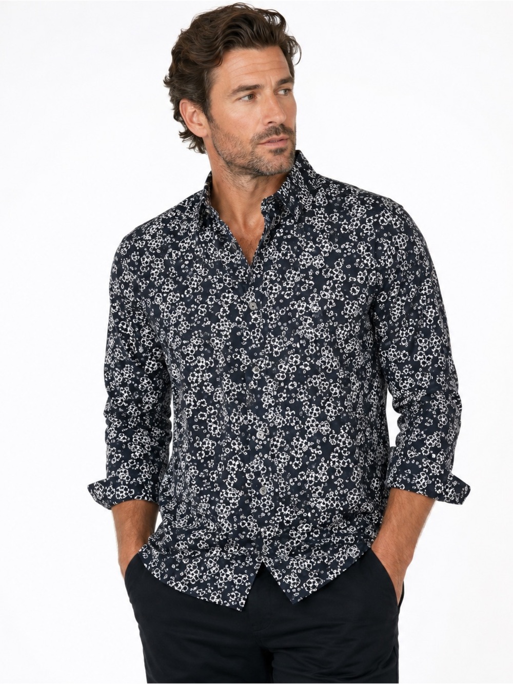 French Connection Black & White Micro Floral Button-Up Shirt Men’s Large Cotton